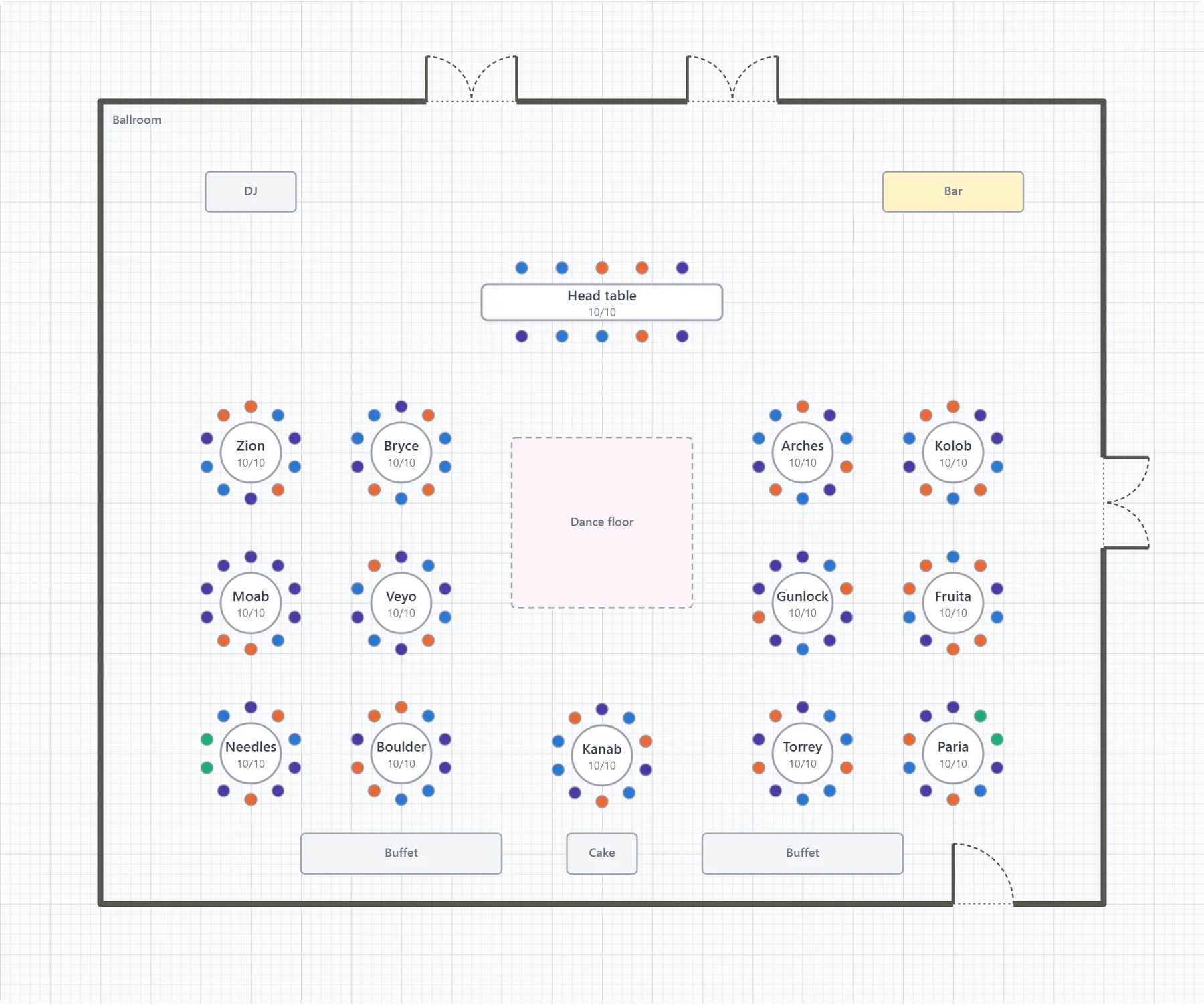 The seating editor with every chair coloured by the guest's meal: blue, orange and indigo dots around fourteen tables, with a few green kids' plates.