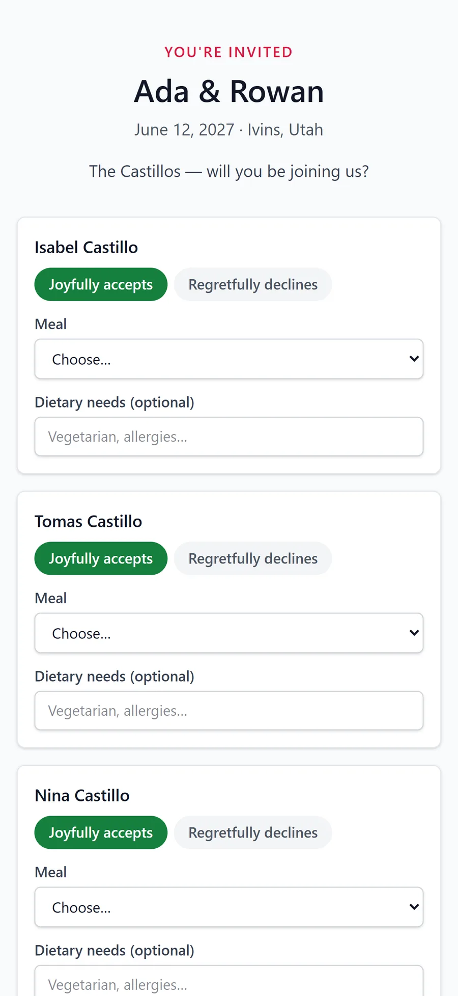 A household RSVP on a phone: the Castillos, will you be joining us? Each person accepts or declines and picks a meal.