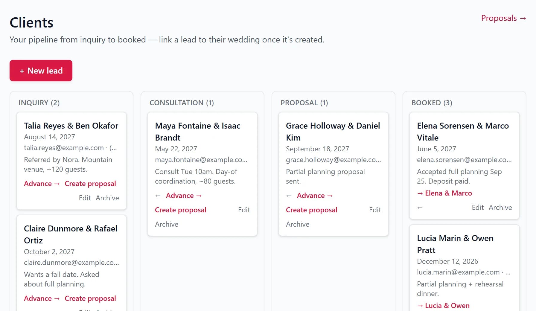 The client pipeline in four columns: inquiry, consultation, proposal and booked, each card with a couple's names, their date and the planner's notes.
