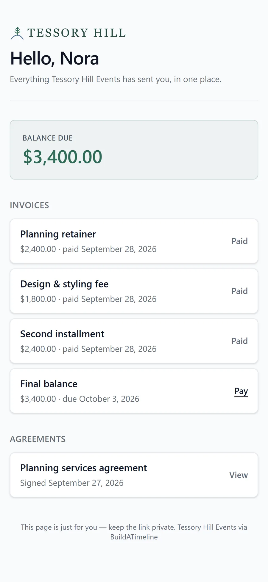 The client portal on a phone: hello Nora, a balance due, paid invoices and a signed planning agreement.