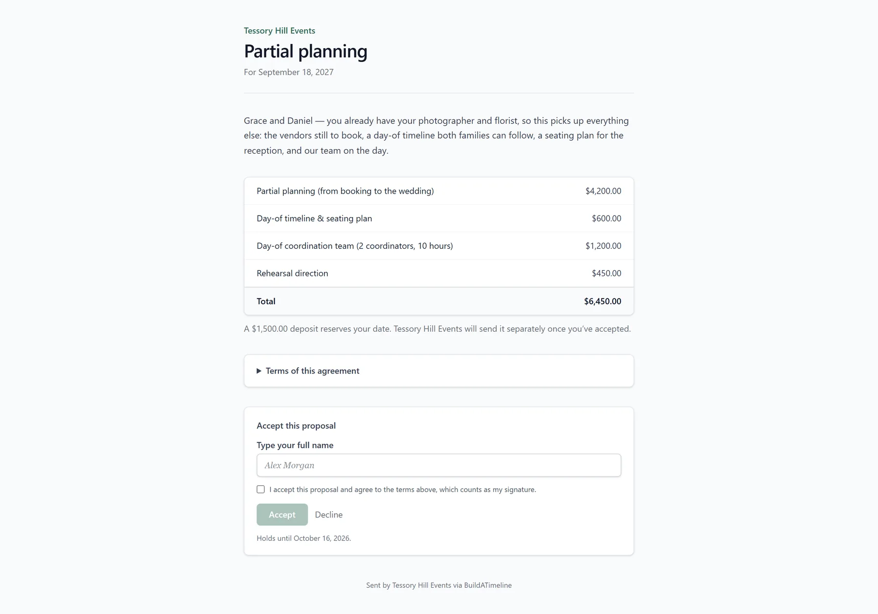 What the client sees: a partial planning proposal with a personal note, priced lines, a deposit to reserve the date, and a field to type their name and accept.